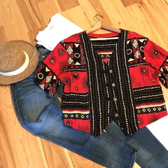 Stacey Michaels Bohemian Blouse: 80s Red Black Geometric Print Tunic, Size 20W - Picture 7 of 9